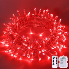 JMEXSUSS - Luces de Navidad rojas que funcionan con pilas, 33 pies, 100 luces LED de hadas de batería, mini luces parpadeantes con 8 modos de control remoto para interiores y exteriores, impermeable