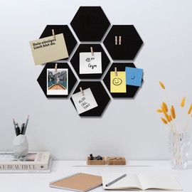 Navaris Hexagon Cork Board Tiles - Set of 10 100% Cork Notice Memo Bulletin Boards with Pack of Wooden Push Pins Clips - 15 x 17.7 cm - Black