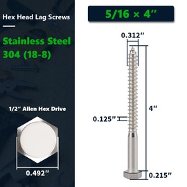 10-Sets 5/16 x 4 Hex Head Lag Screws & Flat Washers, Heavy Duty Lag Wood Screws, 304 Stainless Steel (18-8), 5/16" Bolt
