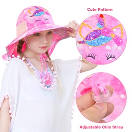 PASHOP Sun Hat for Kids Anti-UV Girls Sun Hats Wide Brim UPF 50+ Sun Protection Beach Hat with Adjustable Chin Strap for 3-8 Years (Pink Unicorn)