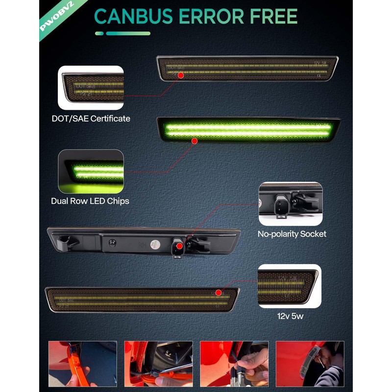 PWOBVZ Green LED Side Marker Lights for Dodge Challenger 2015-2023,