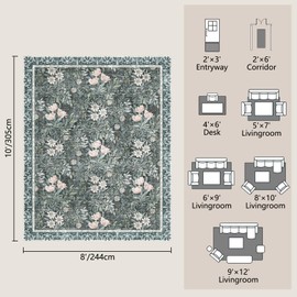 Washable 8x10 Area Rug - Light Green Vintage Floral with Ornate Border, Soft Low Pile Carpet for Living Room, Dining Room Under Table, Bedroom Non-Slip, Stain Resistant & Durable