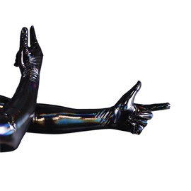KLVEU Long Black Leather Gloves Shiny Long Black Gloves for Women Costume Cosplay Party(B-3XL)