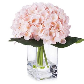 Enova Home Artificial Hydrangea Silk Flowers Arrangements in Cube Glass Vase for Home Wedding Decoration (Blush)