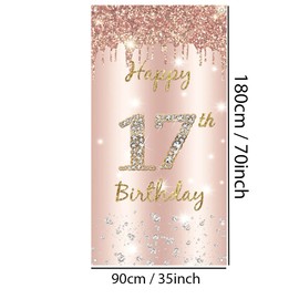 17th Birthday Party Banner Birthday Decorations for Girls Happy 17 Birthday Banner 17th Party Supplies Rosegold Welcome Porch Sign for Indoor Outdoor, 90 cm x 180 cm