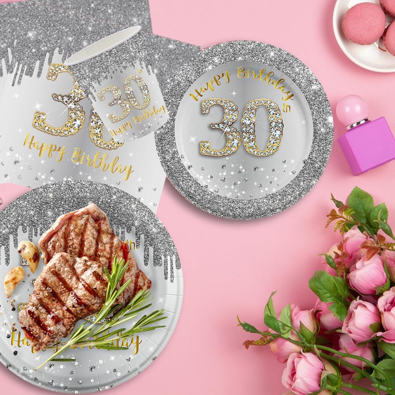 POPOYU 37Pcs White and Gold 30th Birthday Tableware Set,Silver Party