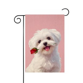 HILILIAN Maltese-Dog Garden Flag Sweet Dog and Red Rose Floral Anniversary Valentine's Day Decor Home Banner for Outside Yard 12.5X18 Inch Both Sides(7963)