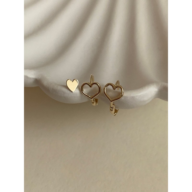 14k flat heart mini earrings, 2 types, layered gold earrings,