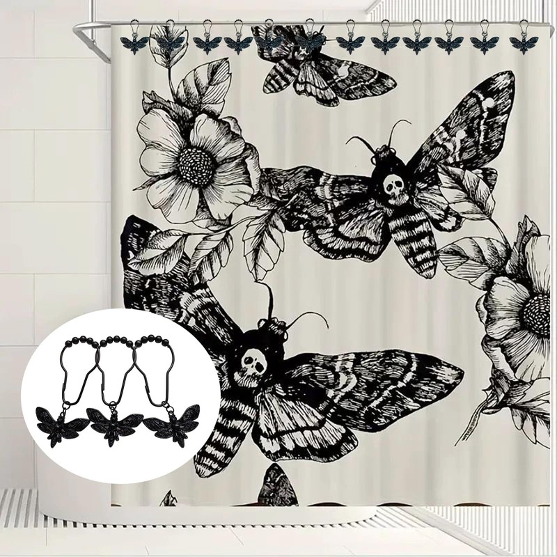 Moth Shower Curtain Hooks,12 Pcs Black Death Moth Skull Shower