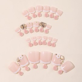 Spring Press On Toenails Short Square Fake Toe Nails French Tip Toenails Press Ons With Flower Rhinestone Designs Acrylic False Toenails Full Cover Nude Pink Stick On Toenails For Women