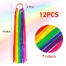 12 Pieces Rainbow Ribbon Hand Kite Sensory Streamers with Wood Ring Wrist Wind Wand Dancing Learning Educational Birthday Creative Favor(Vibrant)