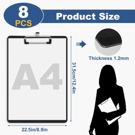 Clipboard A4, 8 Pieces Writing Board Clipboard Writing Pad Writing Board with Hanging Loop and Metal Clips Plastic Clipboards A4 Clipboard for Students Teachers Office School Black