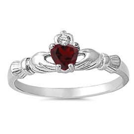 925 Sterling Silver Faceted Natural Genuine Red Ruby Claddagh Heart Promise Ring Size 7