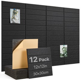 Large Cork Board, 12 Pack 12"X12"X0.4"Felt Bulletin Board Tiles with Safe Adhesive for Wall Home Office Decor, Pin Cork Boards-Black