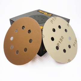 TigerShark 5 Inch 8 Hole Sanding Discs Grit 150 50pcs Pack Special Anti Clog Coating Tigershark Paper Gold Line Hook and Loop Dustless Random Orbital Sander Paper Medium