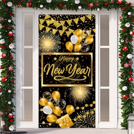 Happy New Year Door Cover 2025 Black Gold Glitter New Years Eve Banner New Year 2025 Decor Happy New Year Party Decorations for Home Party
