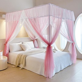 AIKASY 4 Corners Post Ruffle Princess Bed Canopy Curtain - Double Layer Cozy Drape Netting with 4 Openings - Elegant Mosquito Net for Girls and Adults Bedroom Decoration (Pink, King)