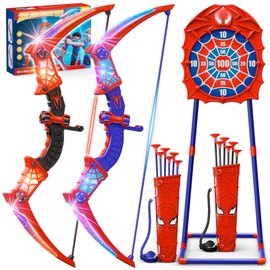 Fzlirou Toys for Boys Age 3-12, 2 Pcs BowArrow Shooting Set with Red & Blue LED Lights, Standing Target & 2 Quiver, Indoor & Outdoor Kid Toys Gifts for 3 4 5 6 7 8 9 10 11 12 Year Old Boys Girls
