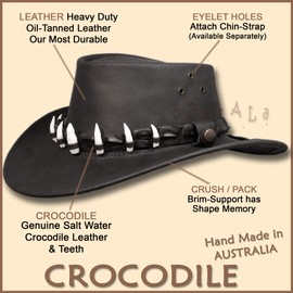 Oztrala】Leather Hat Crocodile Band Mens Australian Outback Dundee Jacaru Cowboy HLC1 (L, Black)