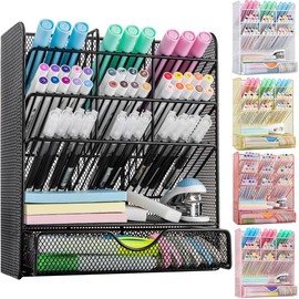 Onilife Mesh Pen Holder for Desk, Multi-Functional Pencil Organizer with Drawer, Desktop Stationary Organizer, Desk Organizers and Accessories for Office Home School Art Supplies, Black
