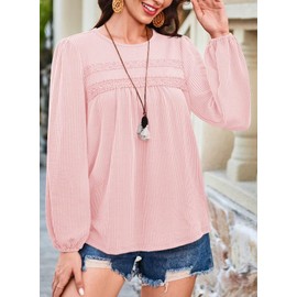 Falechay Fall Tops for Women Ribbeds Cute Long Sleeve Fall Blouse Boho Solid Round Neck Puffed Dressy Casual Lace Flowy Chiffon Babydoll Pink XL