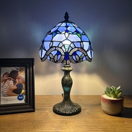 enjoy decor lamps Tiffany Mini Table Lamp Blue Stained Glass Baroque Style Lavender LED Bulb Included Pull Chain Switch for Living Room Bedroom Bedside 14" H*8" W
