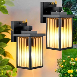 hameso 2 Pack Outdoor Motion Sensor Lights, Dusk to Dawn Outdoor Wall Light Fixtures, Waterproof Exterior Lighting for Front Porch, Garage, Entryway, Yard, House (Black)