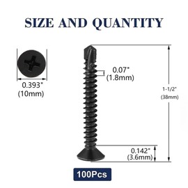 SG TZH #12 X Sheet Metal Screws 1-1/2" 100Pcs 410 Stainless Steel Quick Flat Head Self Drilling Screws Black Oxide