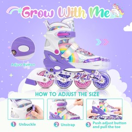 SULIFEEL Rainbow Unicorn Adjustable Inline Skates for Girls Boys and Kids with All Illuminating PU Wheels for Outdoor and Indoor Beginner Skates Purple Medium