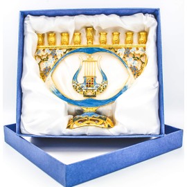 The Dreidel Company Mosaic Artistic Jeweled Menorah (Hand-Painted Jeweled Mosaic Blue & Gold - Harp)