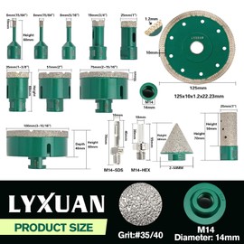 14PCS Diamond Core Drill Bits Set,6/6/8/19/25/35/51/75/100mm Tile Hole Saw+20mm Finger Bit+50mm Chamfer Bit+Hex Adapter for Porcelain Tile Ceramic Marble Granite