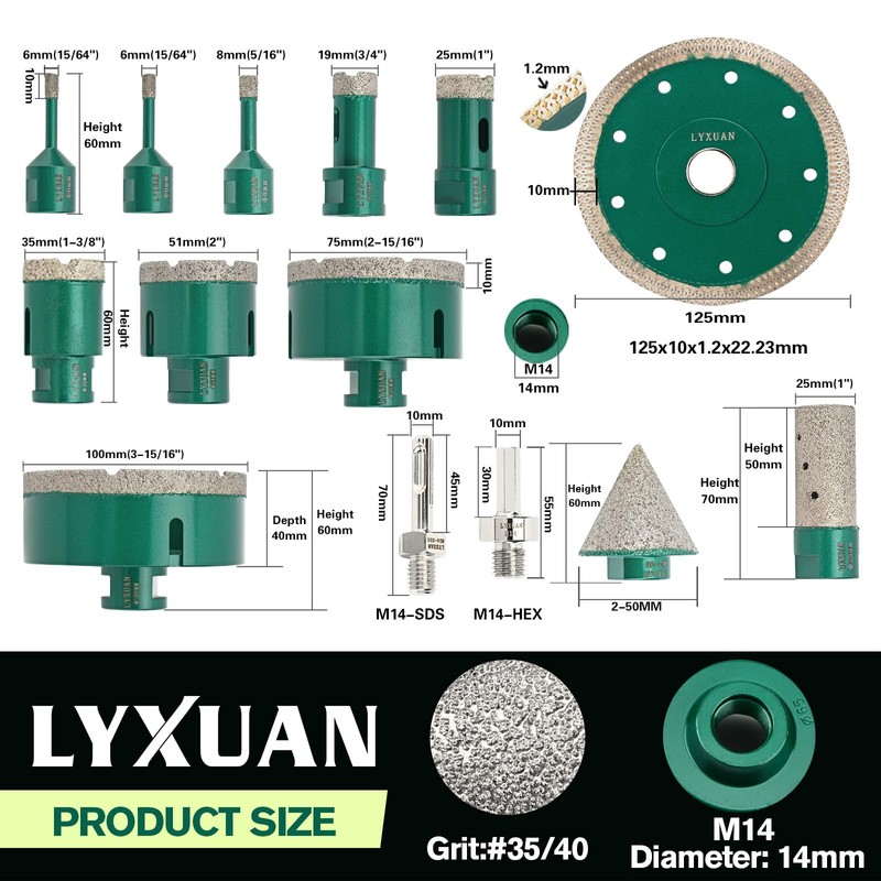 14PCS Diamond Core Drill Bits Set,6/6/8/19/25/35/51/75/100mm Tile Hole Saw+20mm Finger