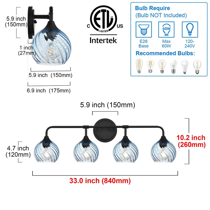 MELUCEE Bathroom Light Fixtures Black Vanity Light with Blue Striped