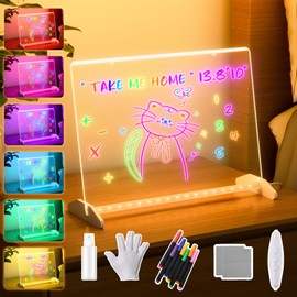 Led Note Board with Colors, 13.8"X10" 4 Modes & 7 Colors Led Acrylic Message Board, Light up Acrylic Dry Erase Board, Led Drawing Board with Stand, Adapter, Hanging Chain, 7 Markers, Spray Bottle
