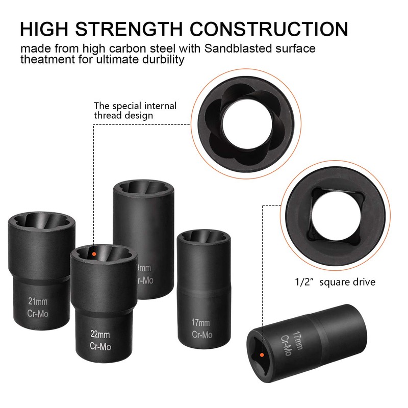 THINKWORK 1/2 Inch Drive Lug Nut Removal Tool, 5-Piece Wheel
