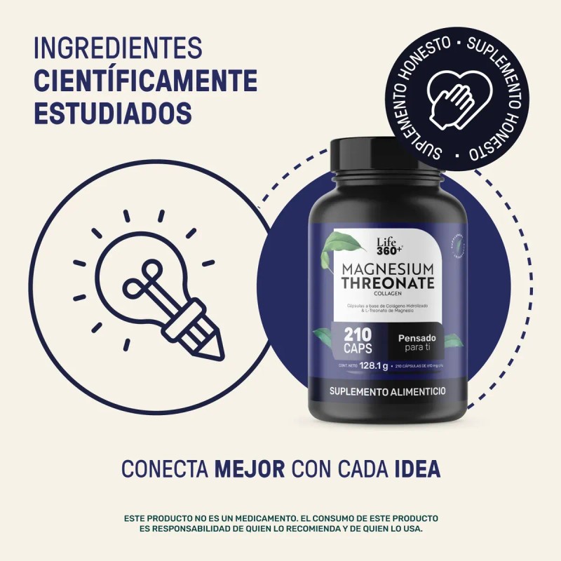 Treonato Magnesio Life 360 Mag Threonate 210 Cápsulas Sabor