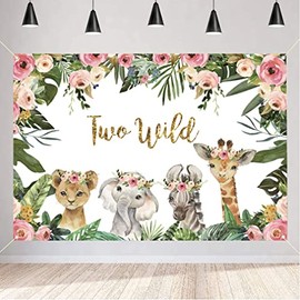 Safari Two Wild Backdrop Safari Animal Second Birthday Party Backdrop Jungle Girl 2nd Birthday Party Decoration Photography Backdrop Birthday Poster, 150 cm x 90 cm