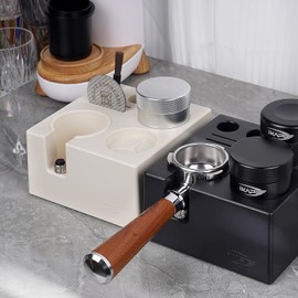 IKAPE ABS Espresso Knock Box, 7 in 1 Coffee Organizer Box Fit for Storage 51, 54, 58MM Espresso Tamper, Distributor, Portafilter & Puck Screen Accessories(White)