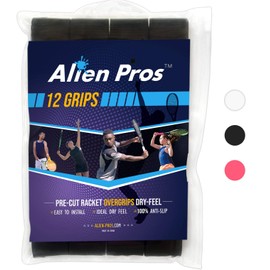 Alien Pros Tennis Racket Grip Tape (12 Grips) - Precut and Dry Feel Tennis Grip - Tennis Overgrip Grip Tape Tennis Racket - Wrap Your Racquet for High Performance (12 Grips, Black)