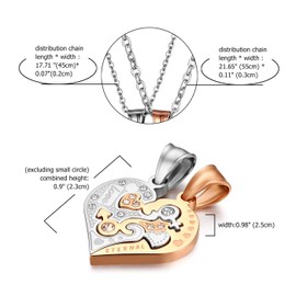 Flongo Partner Pendant Necklace, Partner Chains, 2 Pieces Stainless Steel Necklace Chain with Eternal Love Engraving Heart Puzzler Pendant Black Silver Rose Gold Partner Jewellery Men Women, Stainless