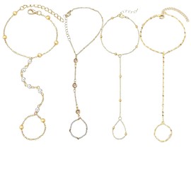 4 PCS Hand Chain Bracelet With Ring, Bracelets for Womens, Ring Bracelet Hand Chain, Attractive and Durable Gold Bracelets Suitable for Daily Dates Weddings and Parties