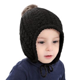 Bamery Crochet Baby Beanie Earflaps Toddler Girl Boy Knit Infant Hats Warm Cap Lined Polyester (Black, Medium)