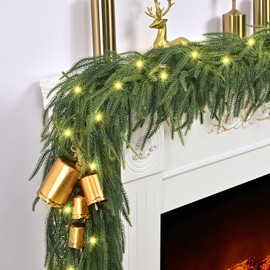 9Ft Christmas Garland, Real Touch Norfolk Pine Garland with Lights, Christmas Cedar Garland for Mantle Table Front Door Xmas Holiday Indoor Outdoor Decorations