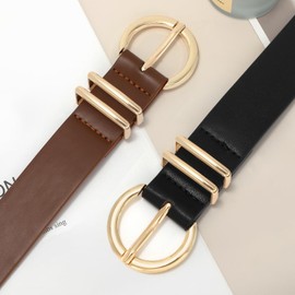 XZQTIVE 2 Pack Womens Leather Belts for Jeans Dress Pants Fashion Plus Size Ladies Black Waist Belt with Gold Buckle