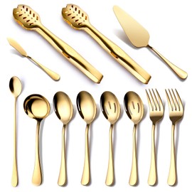 Gold Serving Utensils, OGORI 12-Piece Stainless Steel Serving Utensils Include Serving Spoons, Slotted Spoons, Serving Tongs, Serving Forks, Butter Knife, Stirring Spoon, Soup Ladle, Pie Server