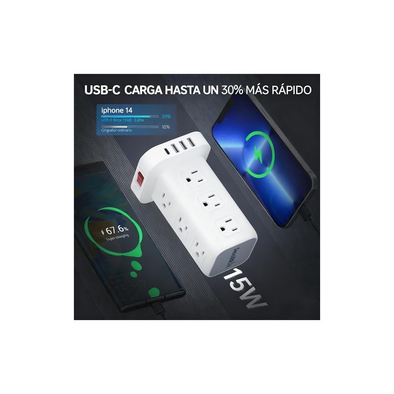 SMALLRT Regleta Torre Multicontacto, Extension Electrica USB C, Conector Multiple
