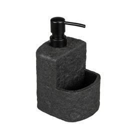 WENKO Detergent Dispenser Mod. Festival Refillable Soap Dispenser Stone Look for Kitchen with Compartment for Washing Up Sponge 380 ml 10.5 x 18 x 11 cm Black