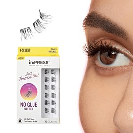 KISS imPRESS Falsies Press On Self Adhesive Eyelashes, 10mm-12mm Natural Volume Press On Lashes, Black, No Glue Needed, Invisible Band, 12 Lash Clusters - Classy