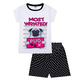 Girl's Short Pyjamas Most Wanted Pug! Polka Dot Pj 9 to 16 Years (9-10 Years) White