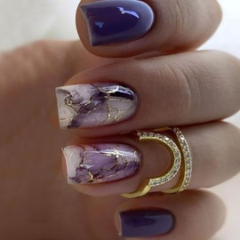 TBRZTR Press on Nails Medium Square Artificial Acrylic Nails with Purple Marbling Design False Nails Purple French False Nails Full Cover Reusable Glossy Coffin Nails Glue on Nails for Women 24Pcs